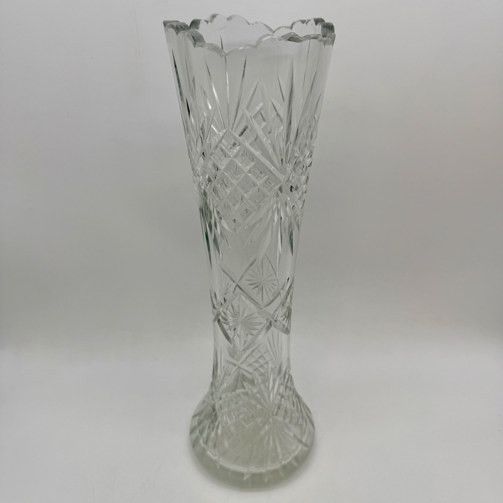 Unbranded Cut Crystal Trumpet Large Vase Diamond Starburst Pattern Clear Glass‎